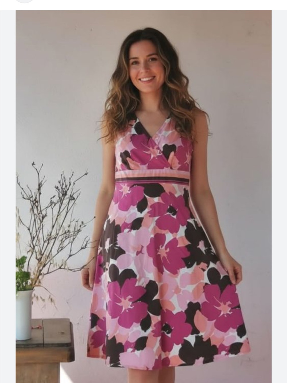 croft & barrow Pink and Black Floral V-Neck Midi Dress